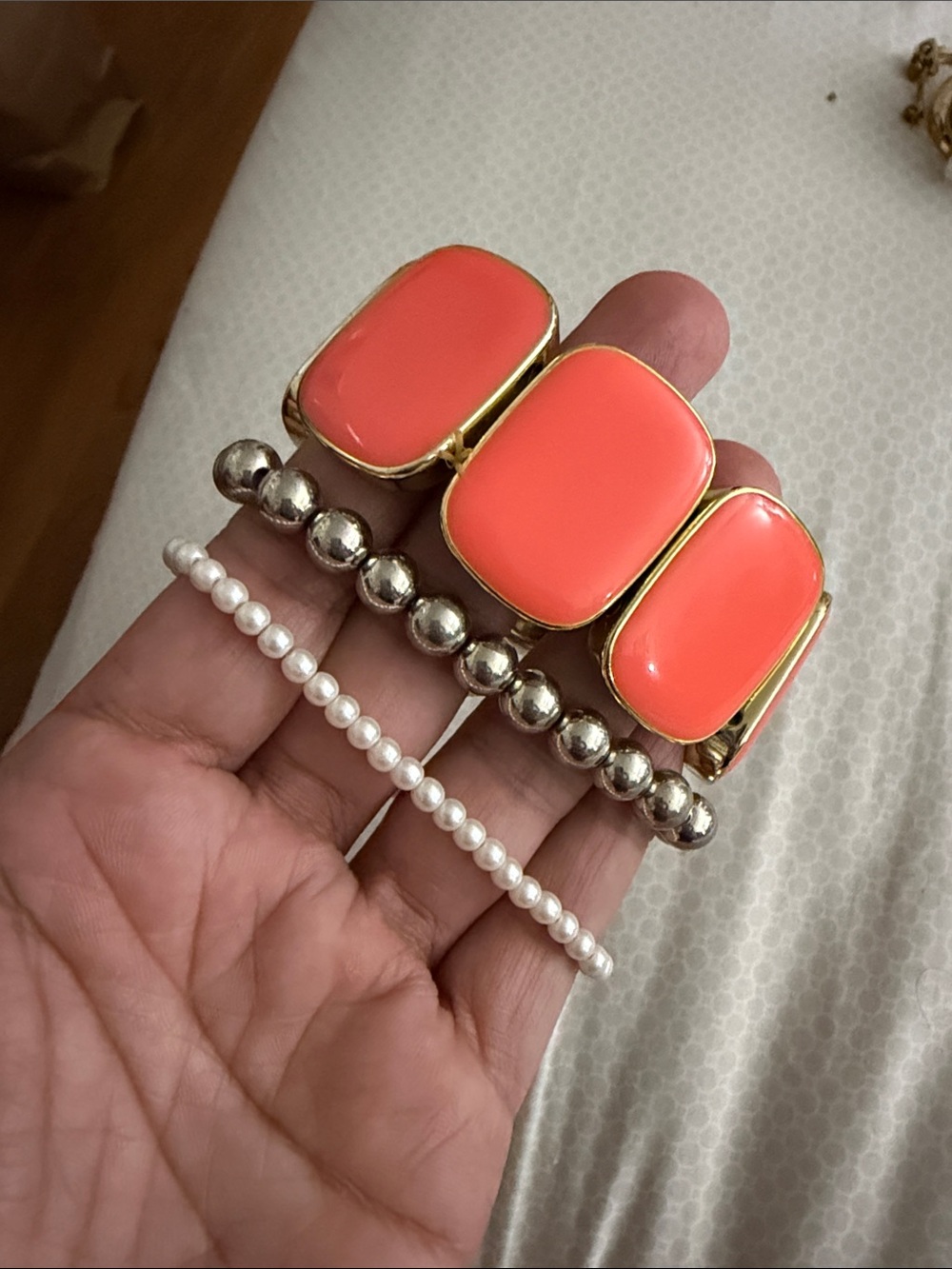 Gold-Tone Coral Stretch Bracelet with Three Oval‎ Stones